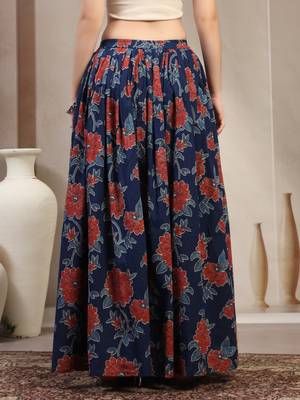 Blue floral printed cotton flared maxi skirt for women 3
