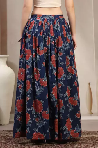 Blue floral printed cotton flared maxi skirt for women