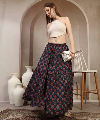 Blue floral printed cotton flared maxi skirt for women 1
