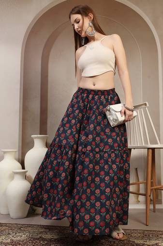 Blue floral printed cotton flared maxi skirt for women
