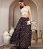 Blue floral printed cotton flared maxi skirt for women