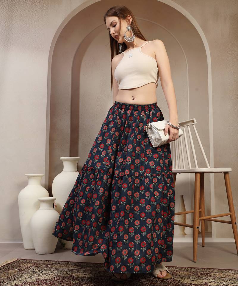 Blue floral printed cotton flared maxi skirt for women