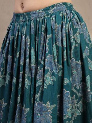 Teal floral printed cotton flared maxi skirt for women 4
