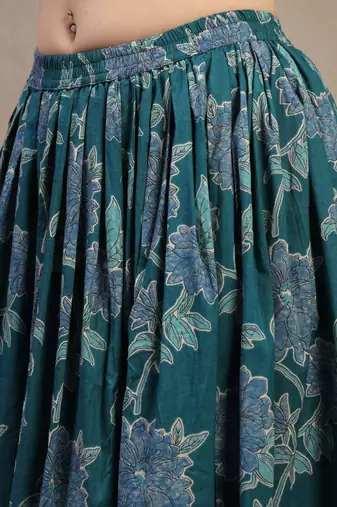 Teal floral printed cotton flared maxi skirt for women