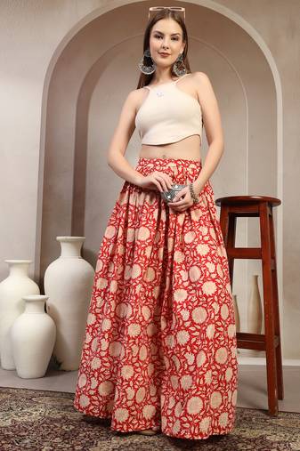 Red floral printed cotton flared maxi skirt for women