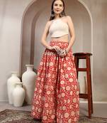 Red floral printed cotton flared maxi skirt for women