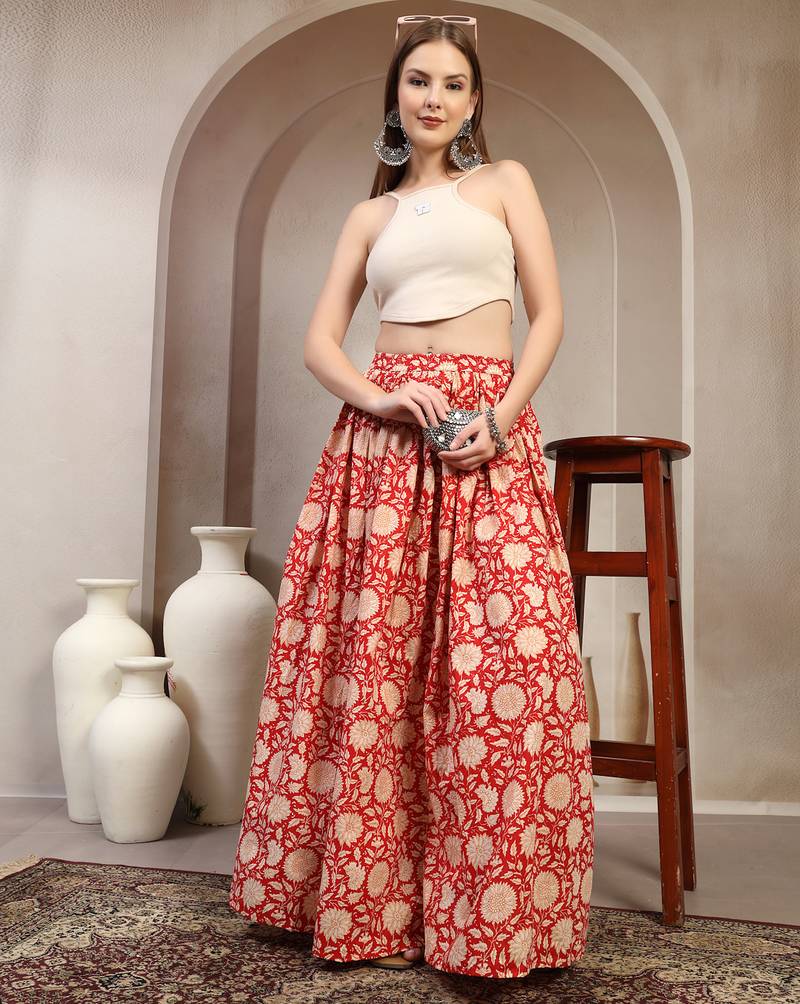 Red floral printed cotton flared maxi skirt for women