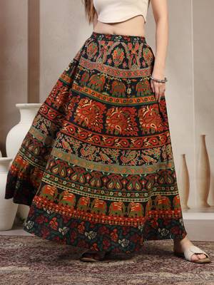 Green floral printed cotton flared maxi skirt for women 2