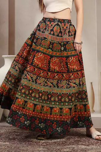 Green floral printed cotton flared maxi skirt for women