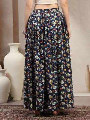 Blue floral printed cotton flared maxi skirt for women 3