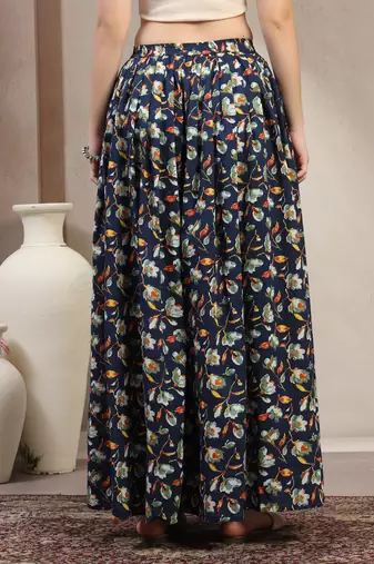 Blue floral printed cotton flared maxi skirt for women
