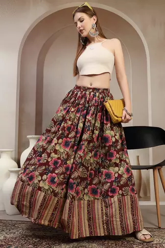 Wine floral printed cotton flared maxi skirt for women