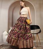 Wine floral printed cotton flared maxi skirt for women