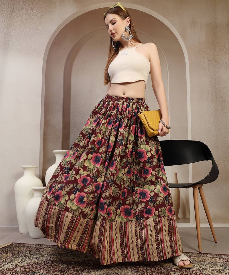 Wine floral printed cotton flared maxi skirt for women