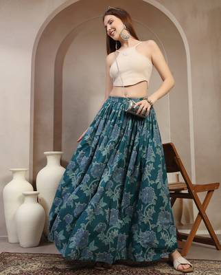 Teal floral printed cotton flared maxi skirt for women 5