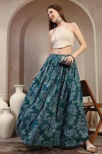 Teal floral printed cotton flared maxi skirt for women