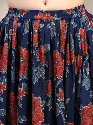 Blue floral printed cotton flared maxi skirt for women 4