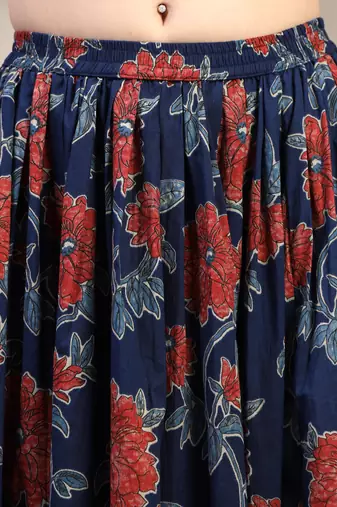 Blue floral printed cotton flared maxi skirt for women
