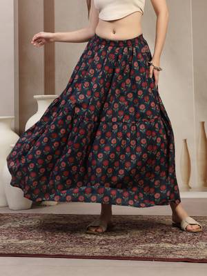 Blue floral printed cotton flared maxi skirt for women 2