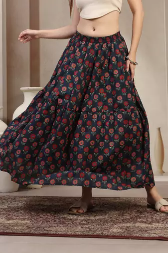 Blue floral printed cotton flared maxi skirt for women