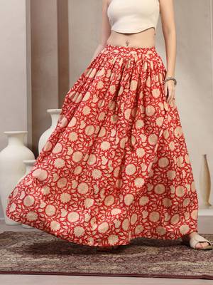 Red floral printed cotton flared maxi skirt for women 2