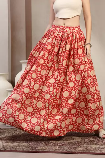 Red floral printed cotton flared maxi skirt for women