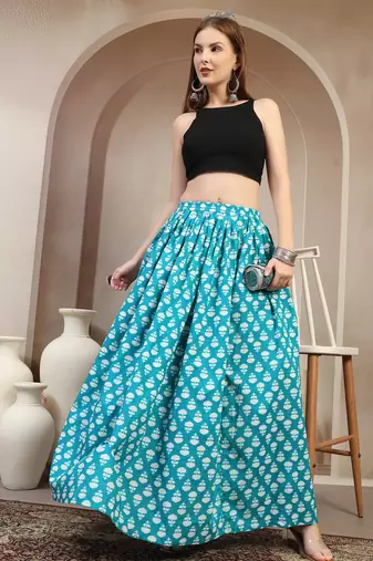 Sky-blue floral printed cotton flared maxi skirt for women