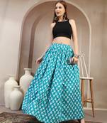 Sky-blue floral printed cotton flared maxi skirt for women