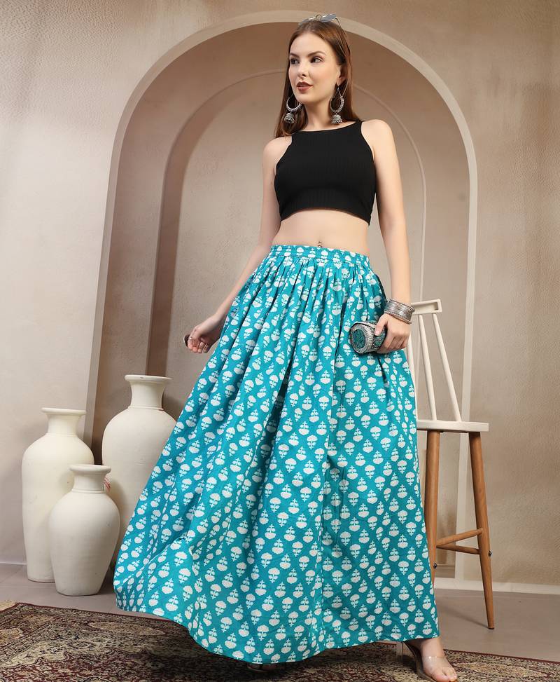Sky-blue floral printed cotton flared maxi skirt for women