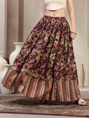 Wine floral printed cotton flared maxi skirt for women 2