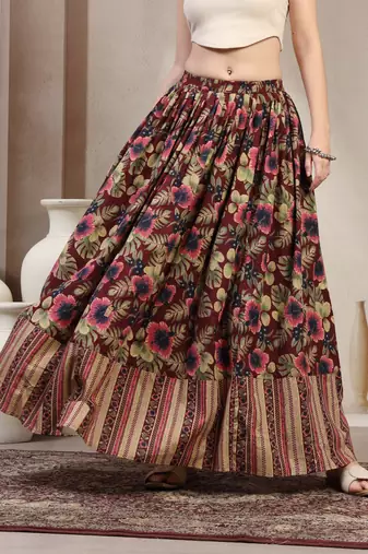 Wine floral printed cotton flared maxi skirt for women