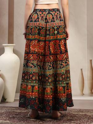 Green floral printed cotton flared maxi skirt for women 3