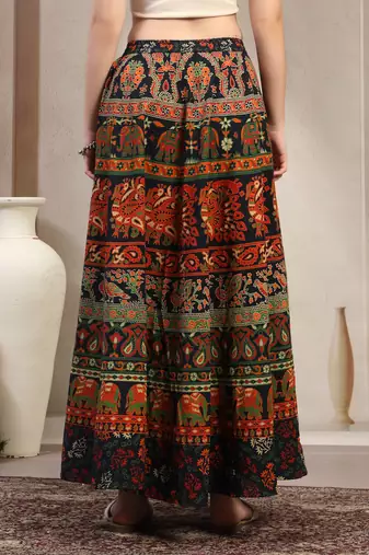 Green floral printed cotton flared maxi skirt for women