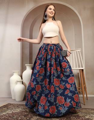 Blue floral printed cotton flared maxi skirt for women 5