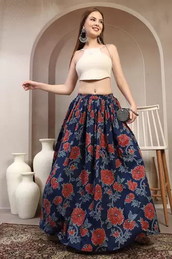 Blue floral printed cotton flared maxi skirt for women