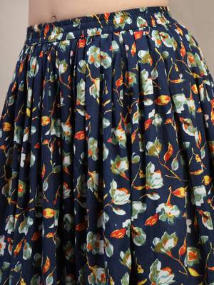 Blue floral printed cotton flared maxi skirt for women 4