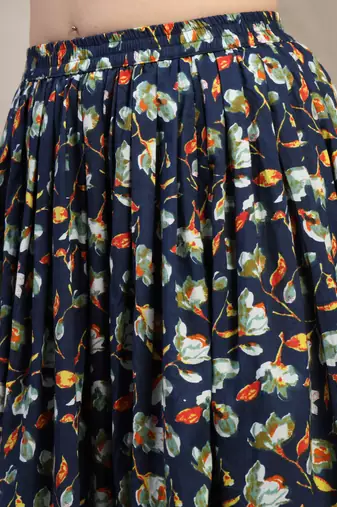 Blue floral printed cotton flared maxi skirt for women