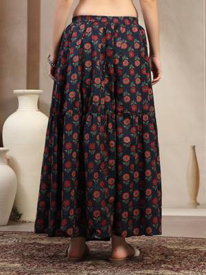 Blue floral printed cotton flared maxi skirt for women 3