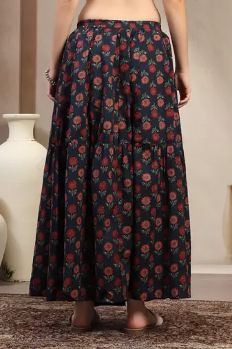 Blue floral printed cotton flared maxi skirt for women