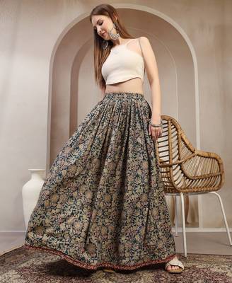 Green floral printed cotton flared maxi skirt for women 1
