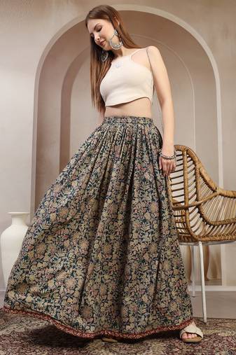 Green floral printed cotton flared maxi skirt for women