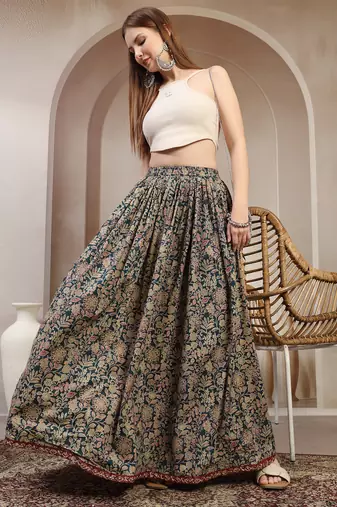 Green floral printed cotton flared maxi skirt for women