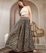 Green floral printed cotton flared maxi skirt for women
