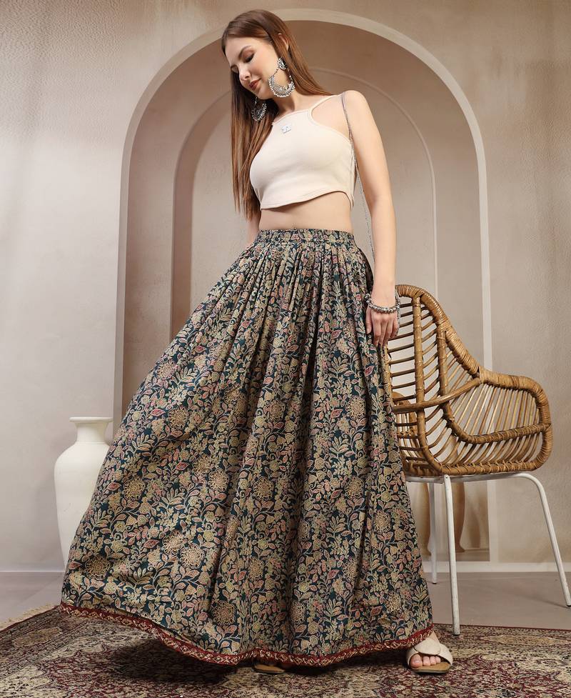Green floral printed cotton flared maxi skirt for women