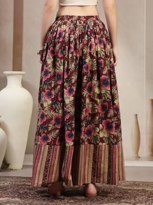 Wine floral printed cotton flared maxi skirt for women 3