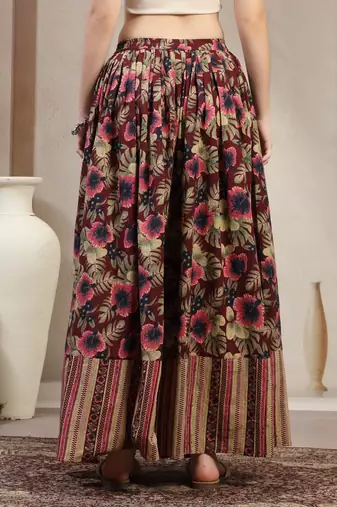 Wine floral printed cotton flared maxi skirt for women