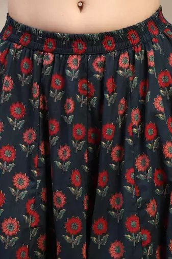 Blue floral printed cotton flared maxi skirt for women