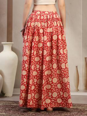 Red floral printed cotton flared maxi skirt for women 3