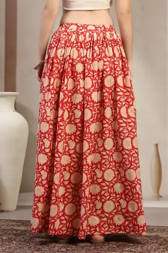 Red floral printed cotton flared maxi skirt for women