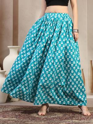 Sky-blue floral printed cotton flared maxi skirt for women 2